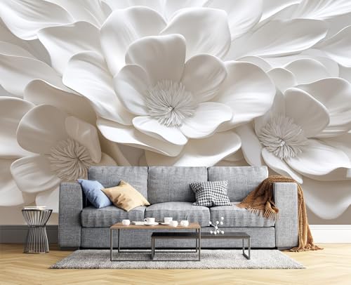 Murales Papel Pintado Salon Diseño En Relieve, 200 × 140 Cm Fotomurales 3D Flores Blancas Tejido Seda Papel Tapiz Fotográfico Decorativos Murales Dormitorio,Marfil