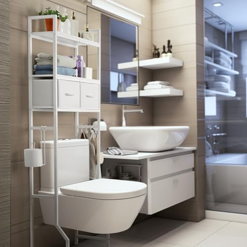 ETELI Over The Toilet Storage Cabinet with Fabric Drawers 3-Tier Over Toilet Bathroom Organizer Behind Toilet Bathroom Shelf Organizer with 4 Hooks Freestanding Bathroom Space Saver White - Thumbnail 4