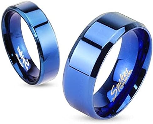 Spikes Beveled Edge Flat Band Blue IP Over Stainless Steel Ring