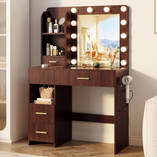 Otterease 35" Makeup Vanity Desk with LED Mirror, 5 Drawers, Walnut