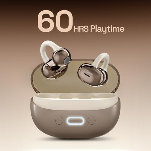 Image of ACwO DwOTS Flow 2 Open-Ear OWS Earbuds with Smart Case Control, Clip-On Design with Ear Hooks, AI-ENC Mic, Up to 60 Hours Playtime, Dual Connectivity, IPX5 Sweat Resistance, Wireless Earbuds (Brown)