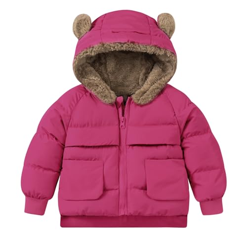 TUONROAD Girls' Winter Coats 3t 4t Baby Girls Rose Red Bear Hooded Puffer Jackets for 3-4 Years Old Toddler Boy Fashion Outdoor Warm Coats Size 4 Child Fleece Heavy Plush Coat