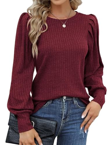 Hotouch Bluse Damen Elegant Dünner Puffärmel Pullover Rundhals Langarm Oberteile Casual Herbst Tunika Tops Rot L