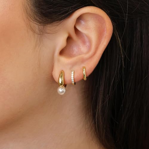 JUANKIKI 3 Pairs 14K Gold Hoop Earrings Pearl Chunky Huggie Earring for Women Stackable Jewelry Set Hypoallergenic and colorfast Suitable for all women to Wear - image 2