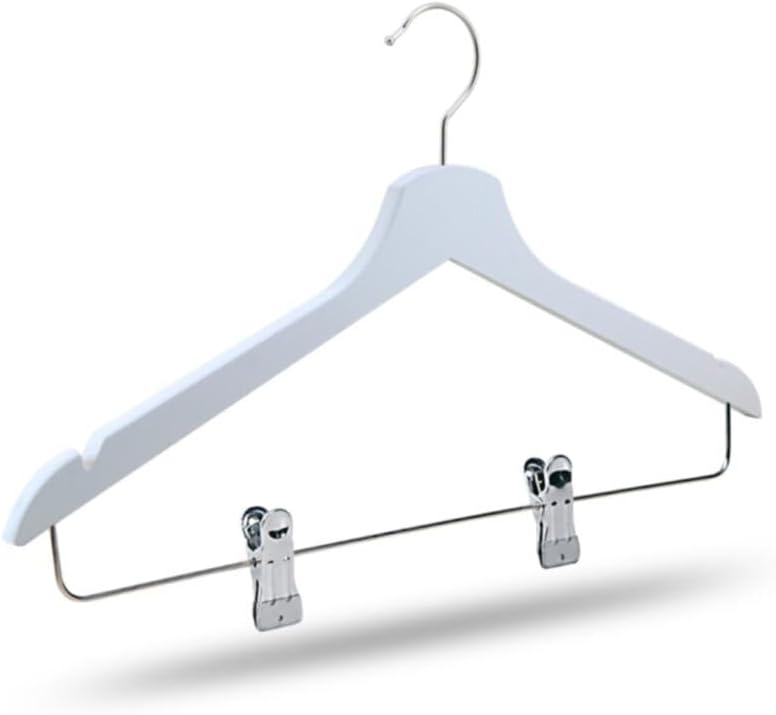 Clothes Hangers 14-Pack Wooden Skirt Hangers with Clips White Finish Adjustable Grips for Pants, Shirts, and More - White