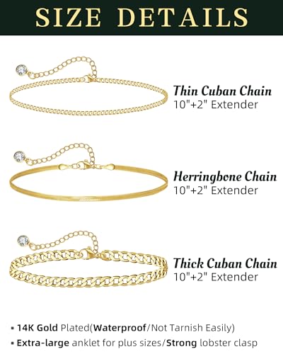 Plus Size Ankle Bracelets for Women - Extra Large 10"+2" Adjustable Anklet 14K Real Gold Plated Anklet Cuban Link, Figaro, Rope, Snake Herringbone - Summer Beach Waterproof Foot Jewelry2