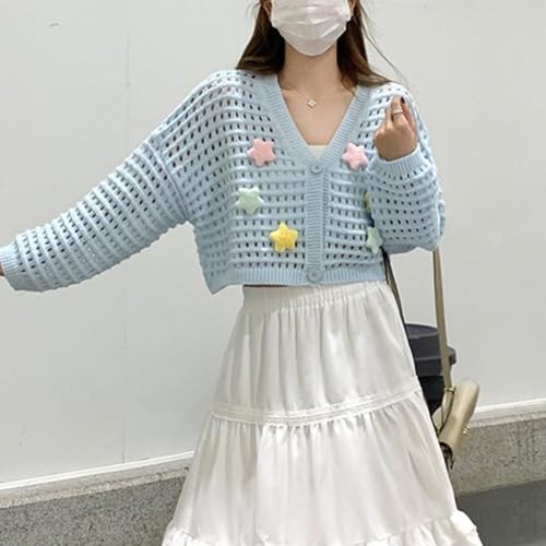 FindThy Women’s Crop Cardigan Sweater Cute V-Neck 3D Star Long Sleeve Hollow Out Button Up Knit Outerwear Tops3