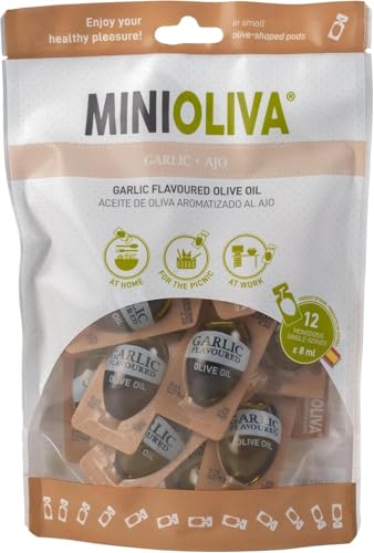 MINIOLIVA Olio d’Oliva Aromatizzato all’Aglio – 12 pratiche capsule monodose da 8 ml di olio extra vergine di oliva di alta qualità con infusione all’aglio.
