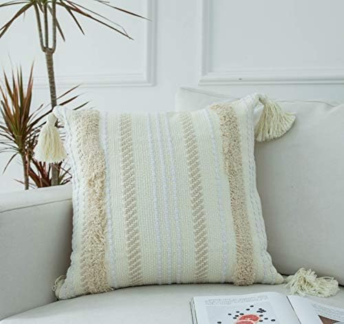 LIGICKY Boho Woven Tufted Decorative Throw Pillow Cover with Tassels, Luxury Series Square Tribal Pillow Cases Cushion Cover Shams for Couch Sofa Bedroom Living Room Home Decor (18x18 Inch, Cream)