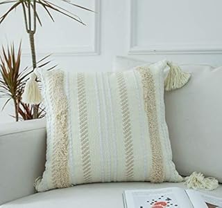 LIGICKY Boho Woven Tufted Decorative Throw Pillow Cover with Tassels, Luxury Series Square Tribal Pillow Cases Cushion Cover Shams for Couch Sofa Bedroom Living Room Home Decor (18x18 Inch, Cream)