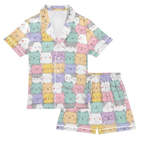 Cats Pattern Pajamas Sets Short Sleeve Silk Stain Pjs Button Down Sleepwear for 5-14Y