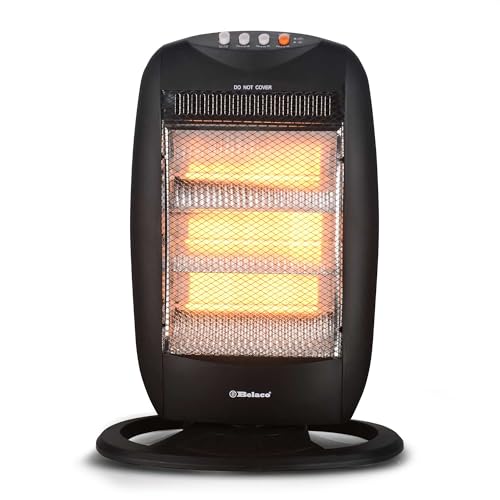 Belaco Electric 3 Bar Halogen Heater 1200W, Portable Room Heater with 3 Heat Settings, 90° Oscillation, Tip Over Safety Switch, Compact Carry Handle, Black