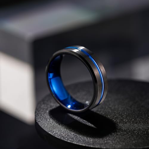 Greenpod Mens Tungsten Ring Wedding Band 6mm 8mm 10mm Engraved I Love You Thin Blue/Black Centre Groove Comfort Fit Size 6-172