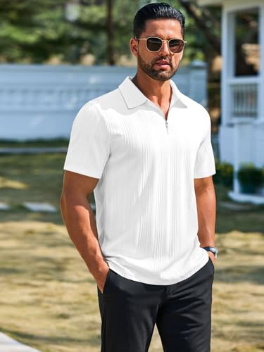 Runcati Mens Quarter Zip Polo Shirts Knit Textured Casual Short Sleeve Shirt Lightweight Golf Tops2