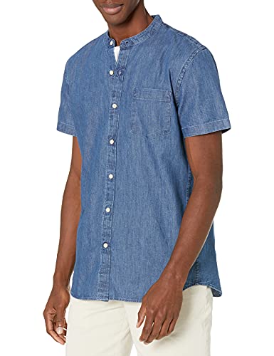 Amazon Brand - Goodthreads Men's Standard-Fit Short-Sleeve Band-Collar Denim Shirt, -medium blue, X-Large
