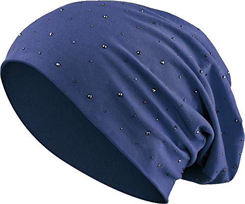 Balinco Jersey Cotton Elastic Long Slouch Beanie Unisex Men Ladies with Rhinestone Star Stones Hat Heather in 35 (7) (Dark Blue)