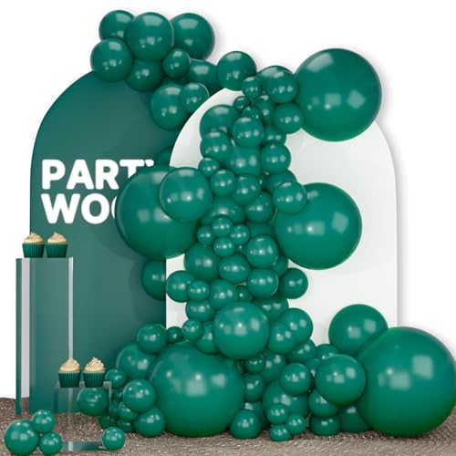 Image of PartyWoo Dark Green Balloons 140pcs Different Sizes Pack of 18 12 10 5 Inch Emerald Hunter Forest Green Boho Neutral Balloon Arch Kit for Jungle Dinosaur Theme Birthday Party Decorations Green-F14