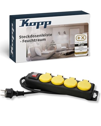 Kopp 4-Fach Feuchtraum-Steckdosenleiste mit Schalter in schwarz/gelb - Robuste Mehrfachsteckdose mit Klappdeckeln & 1,4 Kabel - IP44 spritzwassergeschützt - Anschraubbar & aufhängbar - für 16A & 250V~