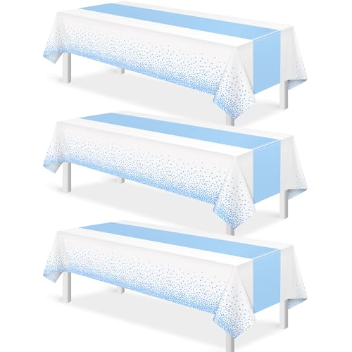 Image of MASHAN 3Pcs White and Light Blue Tablecloth Party Decorations,Plastic White Table Cloth Printed Baby Blue Table Runner Disposable Rectangle Cover for Birthday Baby Shower Wedding Party,54 x108 Inch