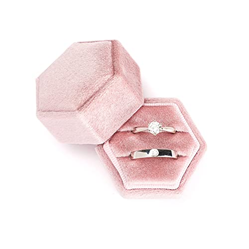Etercycle Velvet Jewelry Ring Box, Hexagon Premium Gorgeous Vintage Double Ring Gift Box with Detachable Lid for Proposal Engagement Wedding Ceremony(Pink-Purple)