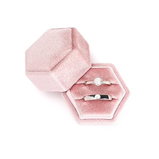 Etercycle Velvet Jewelry Ring Box, Hexagon Premium Gorgeous Vintage Double Ring Gift Box with Detachable Lid for Proposal Engagement Wedding Ceremony(Pink-Purple)