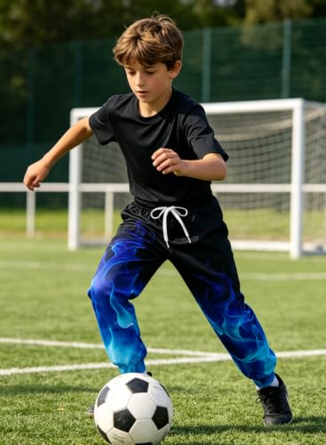UNICOMIDEA Boys Sweatpants Jogger Pants for Kids 6-7 Years Funny 3D Print Blue Fire Pattern Joggers Bottoms with Pockets — view 2