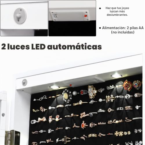 Miniatura 4 de Homasis Espejo De Pared Y Puerta Para Joyas, Armario Para Joyas Con Cierre Y Luces Led, Espejo Guarda Joyas Con 2 Cajones Para Anillos, Pendientes, 35.5 X 10 X 120 Cm Blanco