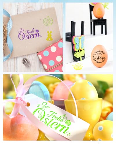 Ostergeschenke Kinder mit 9 verschiedenen Stempel Ostern, 4 bunten Stempelkissen & 5 Ostertattoos Kinder, Stempel Frohe Ostern für Osterkarte Scrapbooking Bullet Journal Osterbasteln mit Kindern
