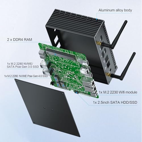 Image of VENOEN Mini PC fanless Win 11 pro, Fanless Mini PC Core i7 1255U (10 Core /12 Thread), Iris Xe Graphics, 16GB RAM 1TB SSD, 2xI225-V LAN, 2xHD + DP Triple Display, USB C, WiFi6, BT5.2, VESA