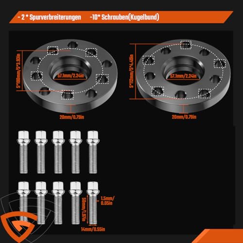 GEARMONSTER Spurverbreiterung 2x20mm Distanzscheiben Set LK: 100/5+112/5 NLB:57.1 mit 10 Stück Radschrauben M14x1.5x50mm Spurverbreiterungen für VW Golf GTI Polo