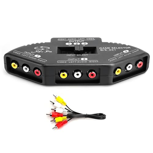 Selector de Interruptor Divisor de Audio y Vídeo de Salida 3 en 1, Conmutador de Audio y Vídeo, para DVD VCD VCR TV Game, con Cable AV (Negro)