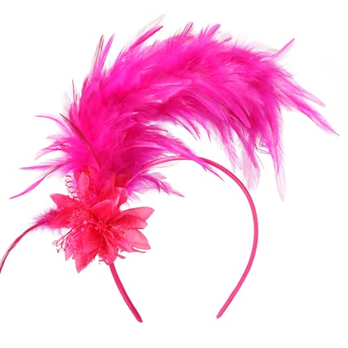 MWOOT Bandeau Plumes, Années 1920 Fascinateur Plumes pour Femmes, Vintage Serre Tete Rouge Rose, Fleur Artificielle Accessoires Cheveux pour Cocktail Mariage...