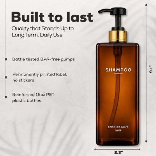 Amber Shampoo and Conditioner Dispenser Set by Brighter Barns - Empty Body Wash Bottle with Pump - Refillable Shampoo Dispenser for Shower, Guest Bathroom, Spa, Airbnb Decor, Housewarming Gift (Amber) - 2