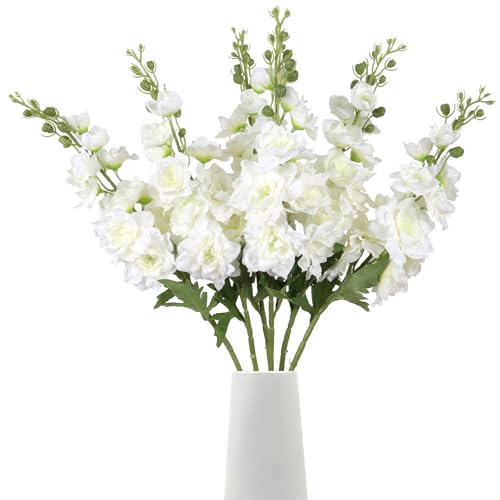Rzoukler White Delphinium Artificial Flower 6Pcs White Larkspur Silk Delphinium Flowers 29.52 Inch Long Stem Fake Flower For Tall Vase Wedding Floral Arrangements Home Table Decor cover
