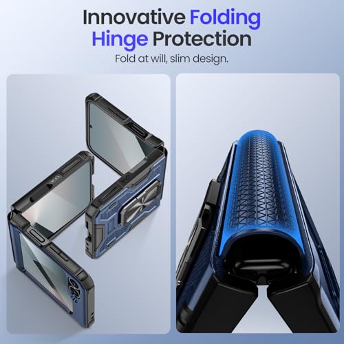 Image of VEGO for Galaxy Z Flip 6 Case Built-in Screen Protector& Hinge Cover | Built-in Magnetic Ring Kickstand Full Body Shockproof Protective Phone Case for Samsung Z Flip 6 2024, Blue