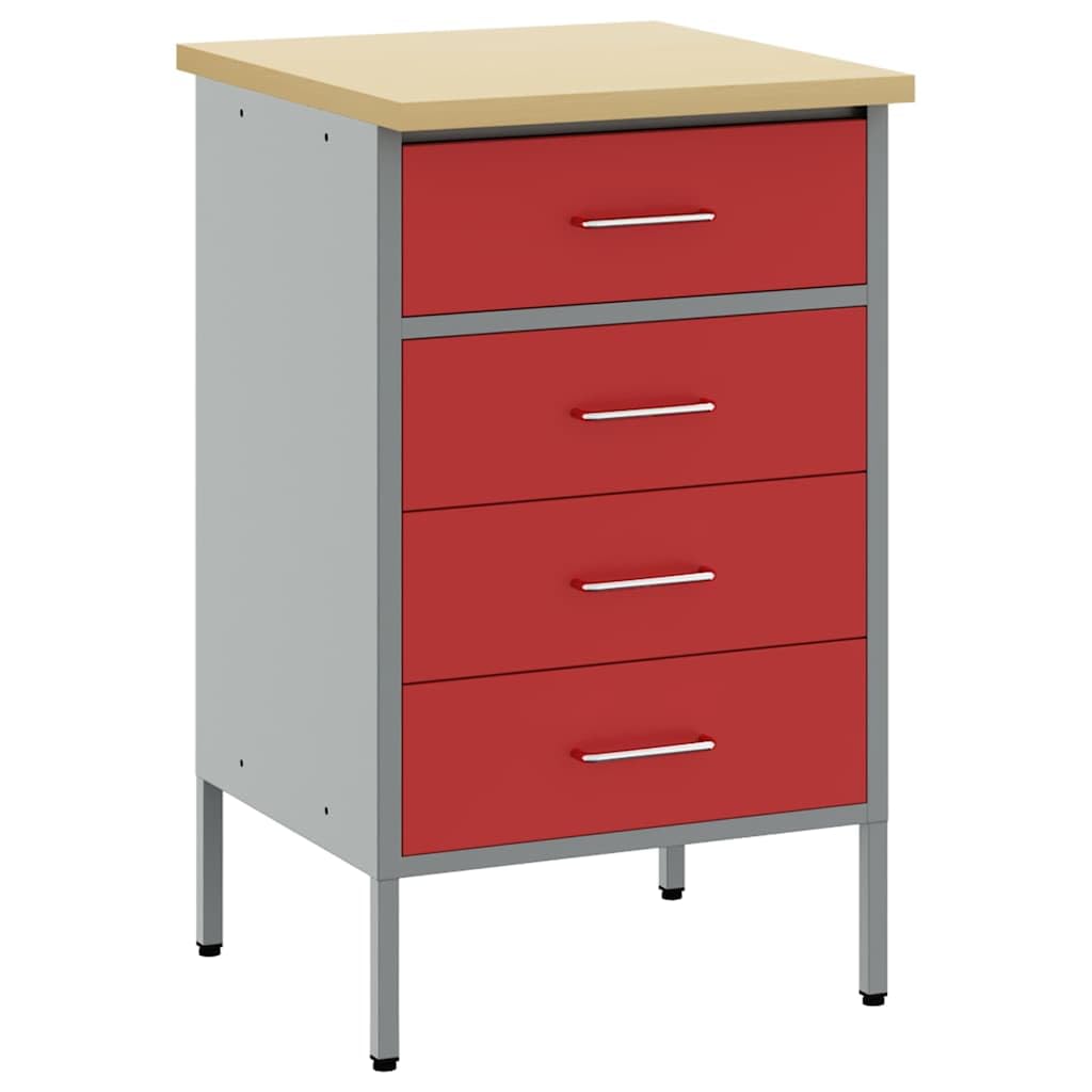 Banco da lavoro robusto in legno e acciaio con cassetti in rosso grigio, dimensioni 50 x 55 x 85 cm