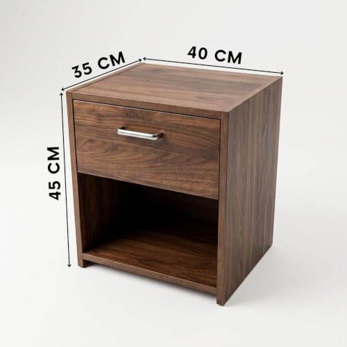Image of FFO Modern Bedside Table with Drawer & Open Shelf, Wooden Top with Metal Frame, Compact Nightstand for Bedroom, Side Table with Storage, End Table for Living Room