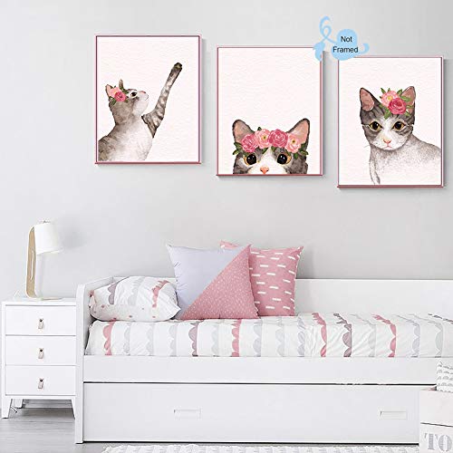 Watercolor Lovely Cat Art Print- Flower Pet Cat Canvas Wall Art-(8”X10”X 4 Pcs, Unframed)-Modren Animal Themd For Kids Bedroom Pet Shop Decoration #TOP2