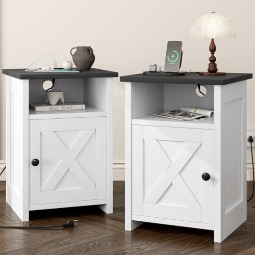 AURINEST Farmhouse End Table Set of 2 w/Charging Station Nightstands w/Barn Door&Storage Shelf Rustic Bedside Table for Living Room Bedroom Entryway Office Small Spaces White