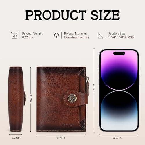 HKCLUF Wallet Women,Genuine Leather Bifold Womens Wallet,RFID Blocking Small Wallet for Women,Card Holder Wallet Ladies With Zip Coin Pocket(brown)3