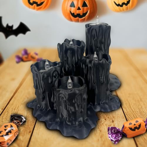 Fortuccai Melting Tealights Candles, Halloween Flameless Candle Lights Battery Operated, Dripping Wax Effect LED Flickering Candle, Realistic LED Candles Set for Holiday Decor, Theme Party (Black)
