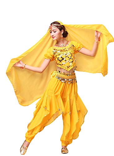 ORIDOOR Women's Halloween Costume Set Belly Dance Crop Top Pleated Harem Pants for Dress Up Party 5 Piece Outfit (One Size, Yellow) …
