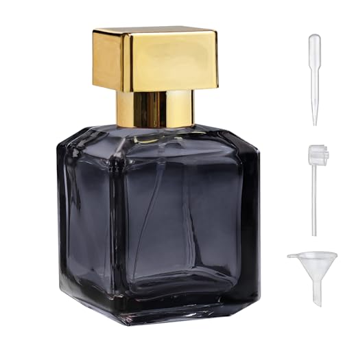 50ml/1.7 Oz Glass Spray Bottle Perfume Atomizer,Glass Perfume Square Refillable Spray Bottle Empty with 3 Kinds of Dispenser (Black)