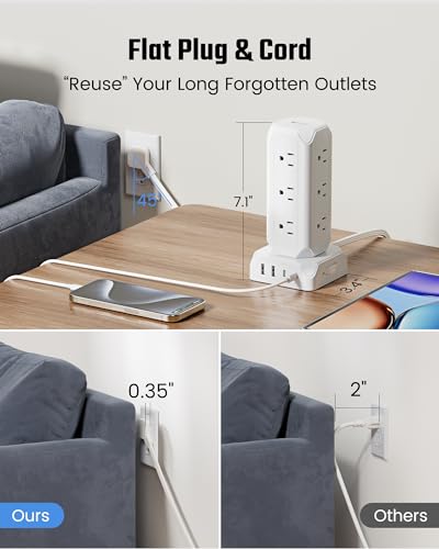 Power Strip Tower, SUPERDANNY 12 Outlets with 35W USB(2 USB-A & 2 USB-C) Charging Station, 1625W/13A, 1700J Surge Protector, 6.5ft Flat Plug Extension Cord with Multiple Outlets for Home, Office, Dorm