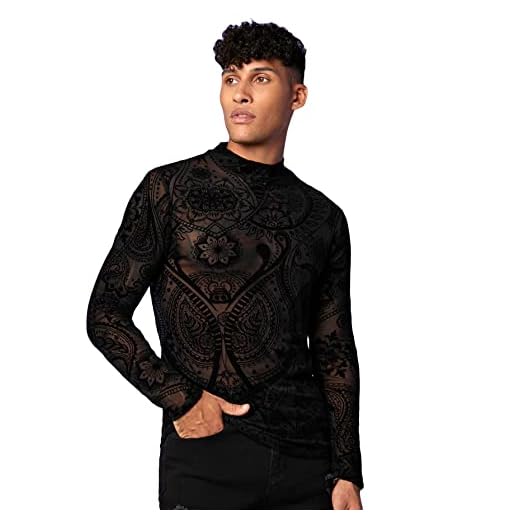 OYOANGLE Men's Floral Print Mesh Sheer Tops Long Sleeve Mock Neck Slim Fit Tee Shirt Black M