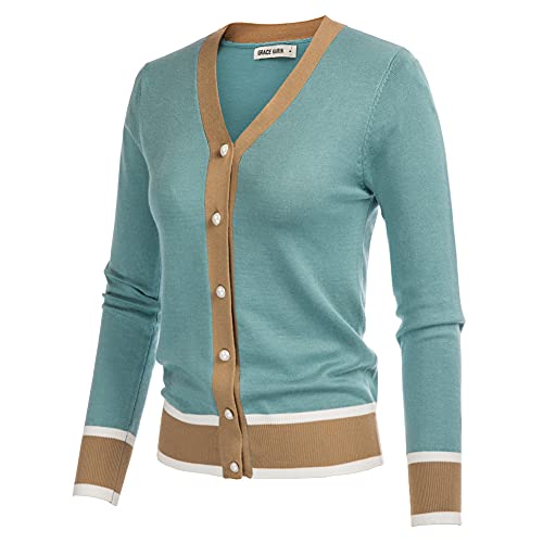 GRACE KARIN Women's V-Neck Button Down Knitwear Long Sleeve Soft Basic Knit Cardigan Sweater(XL,Contrsat-Blue)