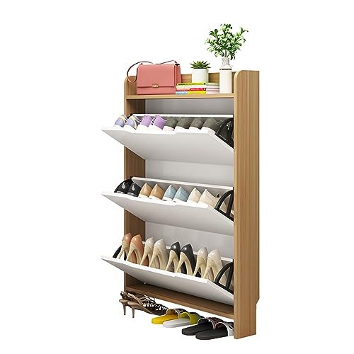 Scarpiera Stretta Scanalata Design Onde - 65x24x105 Cm, Noce, Con 2 Cassetti Ribaltabili E Gambe In Metallo