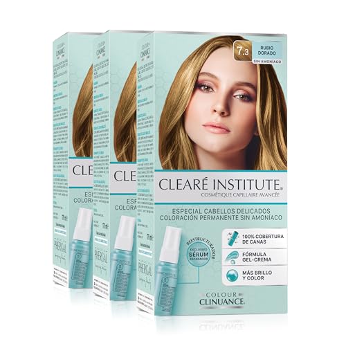 Clearé Institute | Colour Clinuance | Coloración Capilar Permanente Sin Amoniaco | Tinte de Pelo 100% Cobertura de Canas, Incluye Sérum Capilar | Método Curly |7.3 Rubio Dorado | Pack de 3