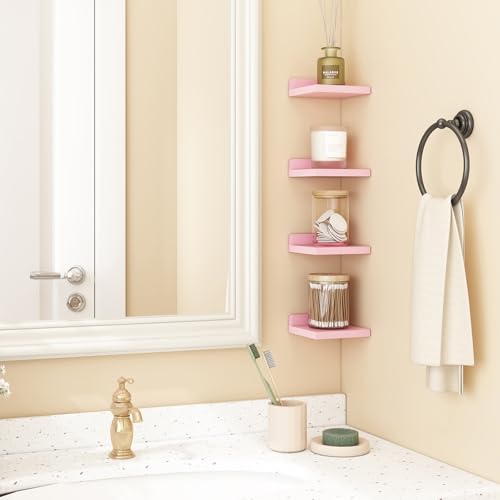 Image of Fixwal Small Floating Shelves for Wall Decor (Pink, Set of 4, 5Inch) | Rustic wood shelf for displaying mini frames, plants, collectibles. Fits bedroom, living room, bathroom, kitchen, or office.