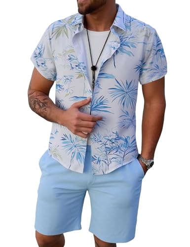 Image of Yimoon Men's Summer 2 Piece Outfits Tropical Print Short Sleeve Button Down Hawaiian Beach Shirt and Shorts Set